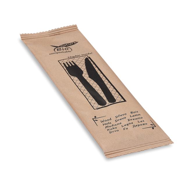 [HY040021] Set of wooden cutlery (knife-fork-napkin) hyg. pack of 60 sets