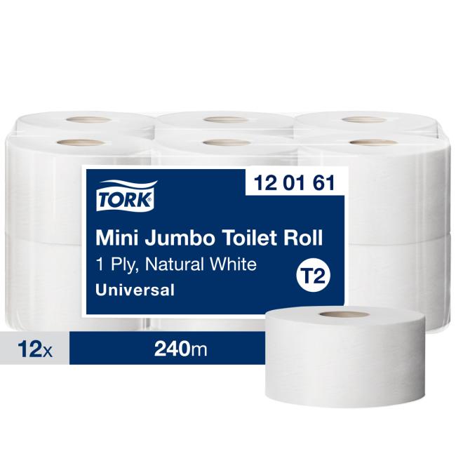 Toilet paper 1-layer. TORK Mini Jumbo 19 cm, reel 240 m, natural white, T2 (12 pcs)
