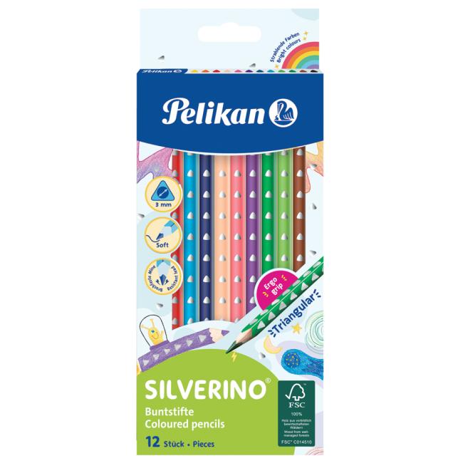 Pelikan Silverino trojuholníkové tenké pastelky, sada 12 ks