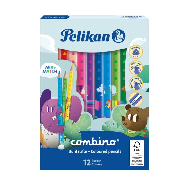 Pastelky Pelikan Combino s motívmi zvieratiek, silné 12 ks