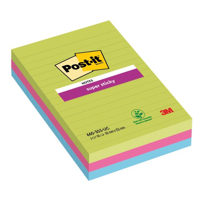 Self-adhesive pad Post-it Super Sticky 101 mm x 152 mm XXL, rainbow colors, lined, 3 pads of 90 leaves