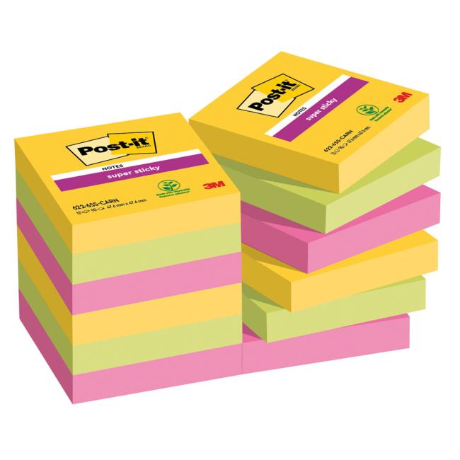 Post-it Super Sticky CARNIVAL, size 47.6 x 47.6 mm, 12 pads of 90 cards