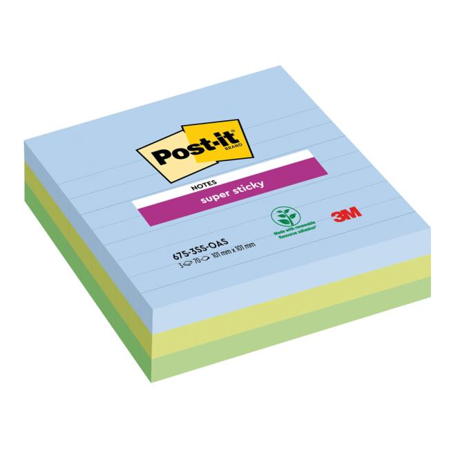 Post-it Super Sticky OASIS, size 101x101 mm XL, lined, 3 pads of 70 cards