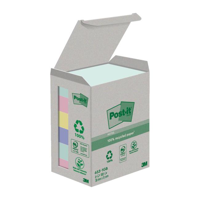 Self-adhesive Post-it note recycled NATURE, pastel colors, size 38x51 mm, 6 notes of 100 leaves
