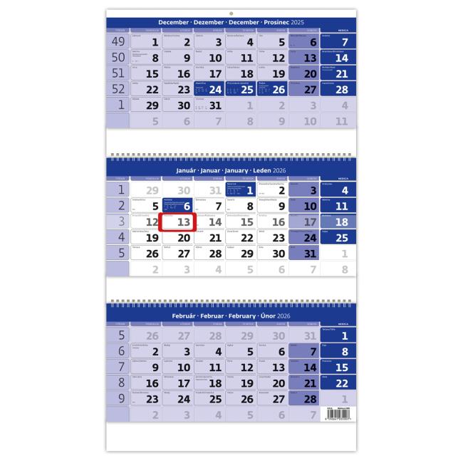 [N324] 3-month wall calendar with spiral blue 31.5 x 55.5 cm 2026