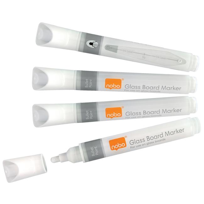 Nobo markers for glass boards with a round tip, pack of 4, white