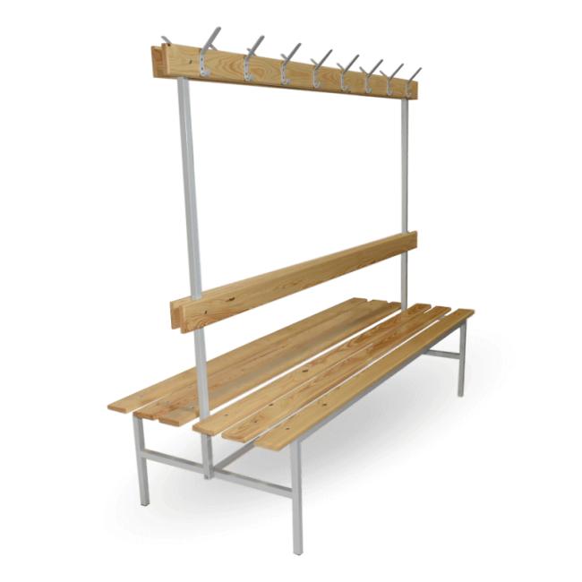 Obojstranná šatníková lavica s operadlom a vešiakmi, v.160 x š.150 x hl.69cm, RAL7035 sivá, bukové drevo