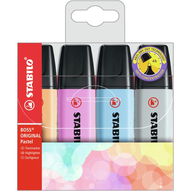 Set of highlighters STABILO BOSS ORIGINAL Pastel 4S Pastel orange, fresh blue, fuchsia, gray