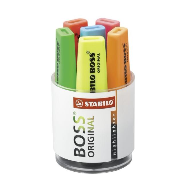 Sada zvýrazňovačov STABILO BOSS ORIGINAL 6 ks sklenená dóza žltá, zelená, oranžová, červená, ružová, modrá