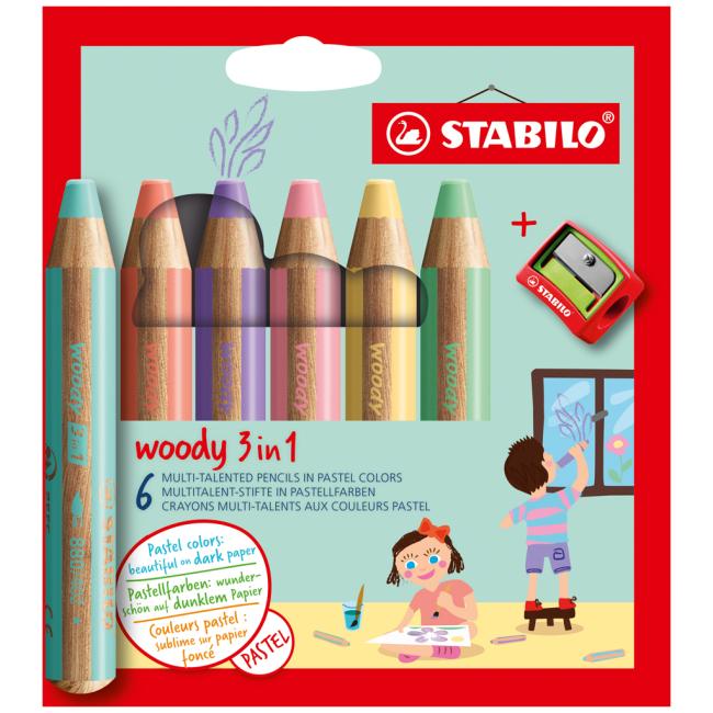 STABILO woody 3 in 1 crayons Pastel 6 pcs Set in a cardboard package with a grater