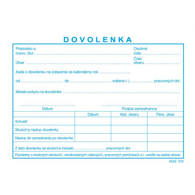 [TL012000] Tlačivo Dovolenka A6, 100 listov