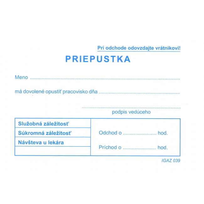 [TL039000] Tlačivo Priepustka A7, 100 listov