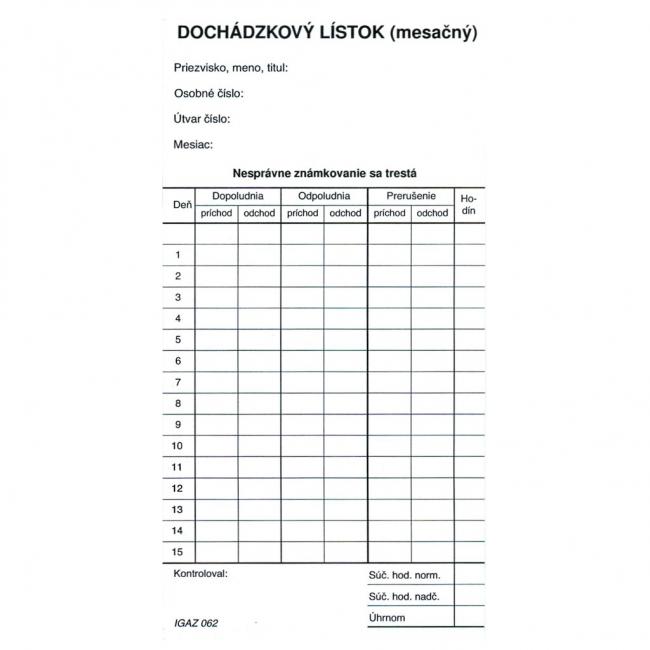 Mesačná dochádzková karta (kartón)