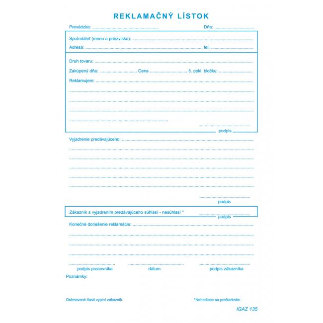 Complaint sheet, autocopy, A5, 100 sheets