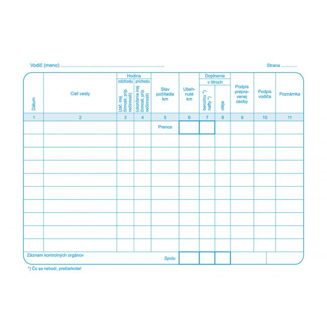 Záznam o prevádzke vozidla osobnej dopravy, A5, blok, 100 listov