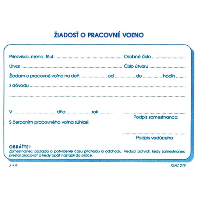 [TL279000] Tlačivo Žiadosť o pracovné voľno, A6, 100 listov