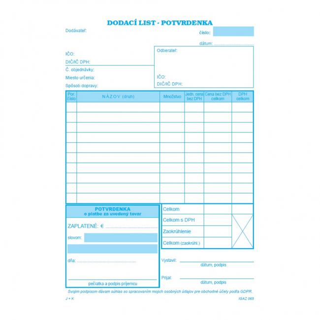 Delivery note, A5, with VAT, with receipt, autocopy