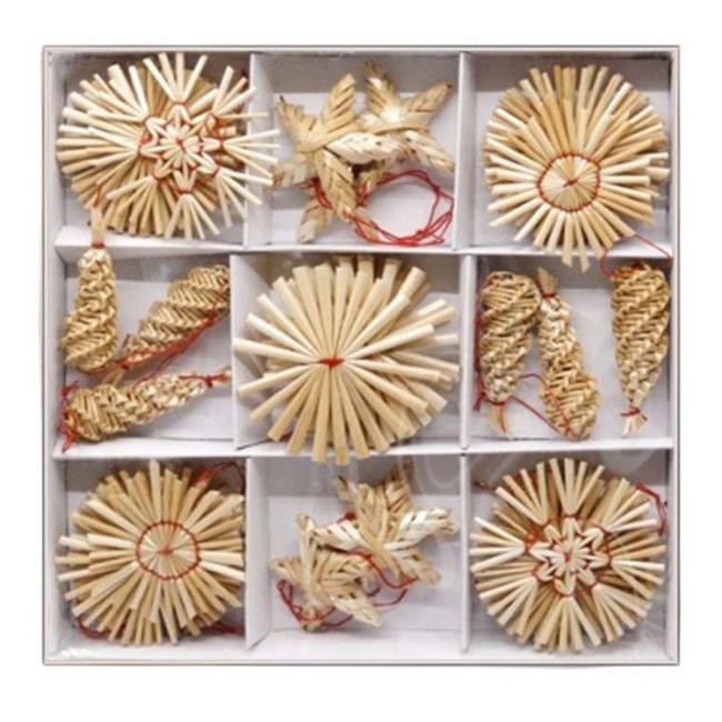 [XM035948] Straw ornaments 36 pcs, mix in a box, natural design