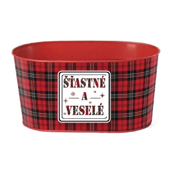 [XM039798] Metal flower pot 225x110 mm oval, 'Happy and cheerful', red, black, green