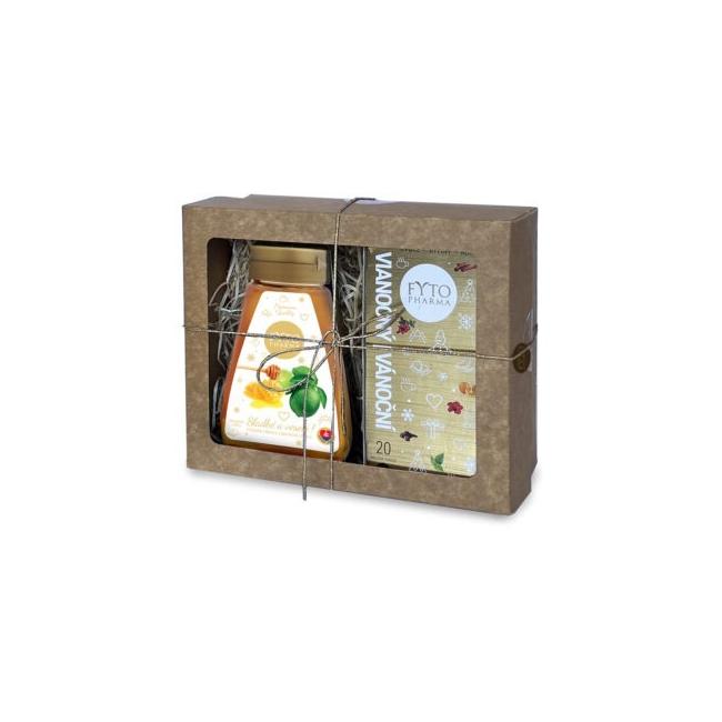 Gift box with Christmas tea and honey with lime