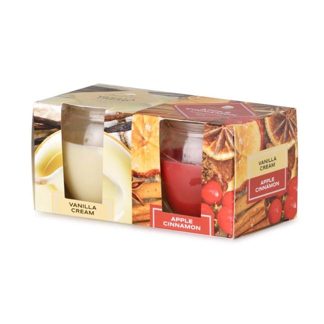 [XM334772] Emocio Glass Vanilla Cream & Apple Cinnamon, vonná sviečka, 2 ks v krabičke, 65x63 mm