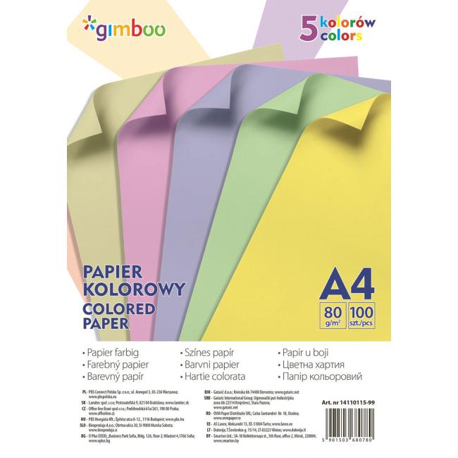 Gimboo farebný papier A4, 100 listov, 80g, 5 pastelových farieb