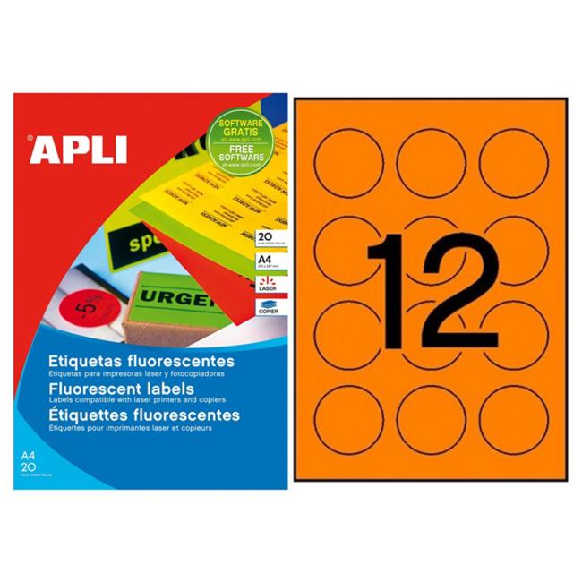 Etikety kruhové farebné priemer 60 mm APLI A4 20 hárkov fluo oranžové