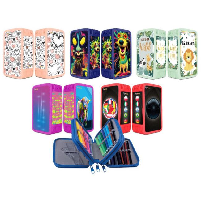[DO676821] Gimboo pencil case 3-zip full, mix of motifs, 10 pcs
