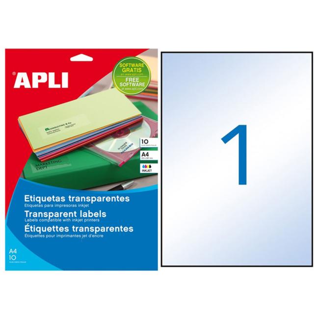 [AG010053] Polyesterové priehľadné etikety 210x297mm APLI A4 atramentová 10 listov