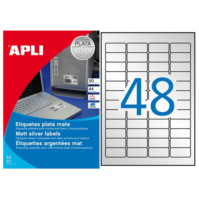 [AG010066] Polyester labels 45.7x21.2mm APLI A4 20 sheets silver