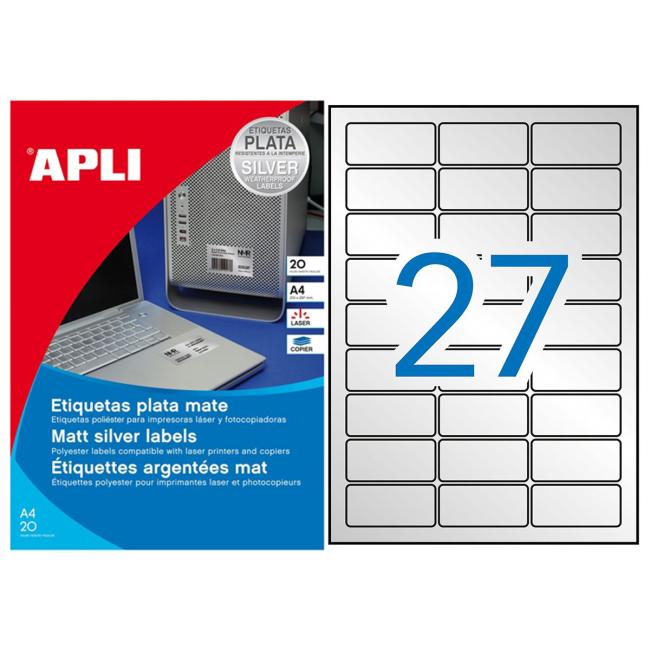 Polyesterové etikety 63,5x29,6mm APLI A4 20 listov strieborné
