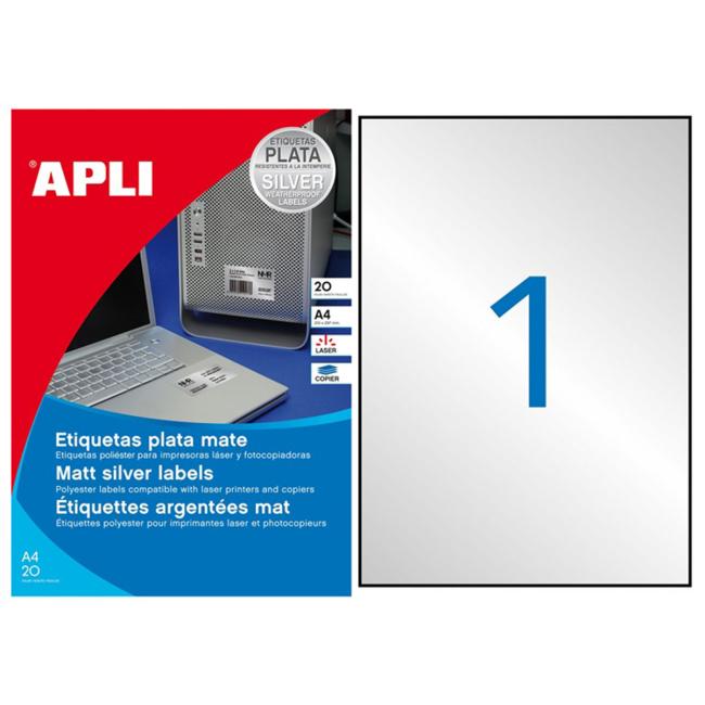 [AG010071] Polyester labels 210x297mm APLI A4 20 sheets silver