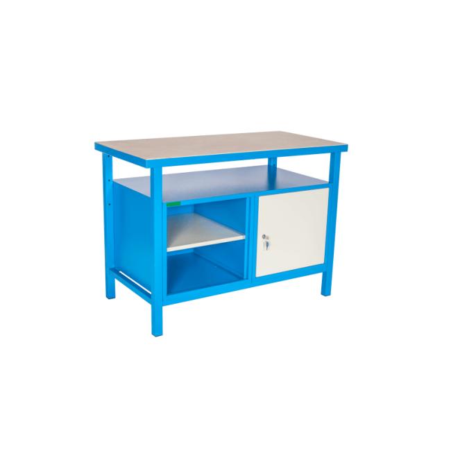 Work table with cabinet and shelf part, h.85 x w.120 x d.60cm, RAL7035 gray, RAL5015 blue