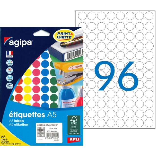 [AG011996] Okrúhle etikety 15mm Agipa A5 mix 5 farieb