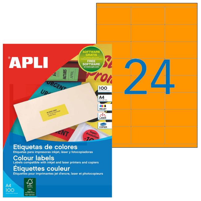 [AG100765] Color labels 70x35mm APLI A4 100 sheets fluo orange