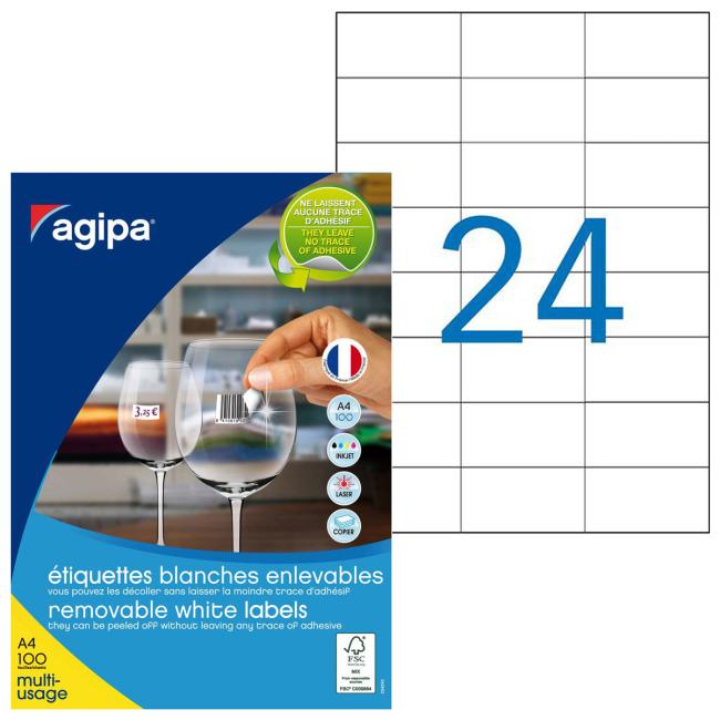 [AG101165] Universal removable labels 70x37mm Agipa A4 100 sheets