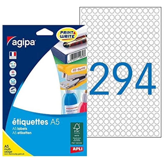 [AG114001] Labels round 8mm Agipa A5 white