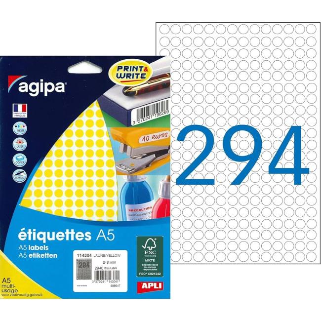 Round labels 8mm Agipa A5 yellow
