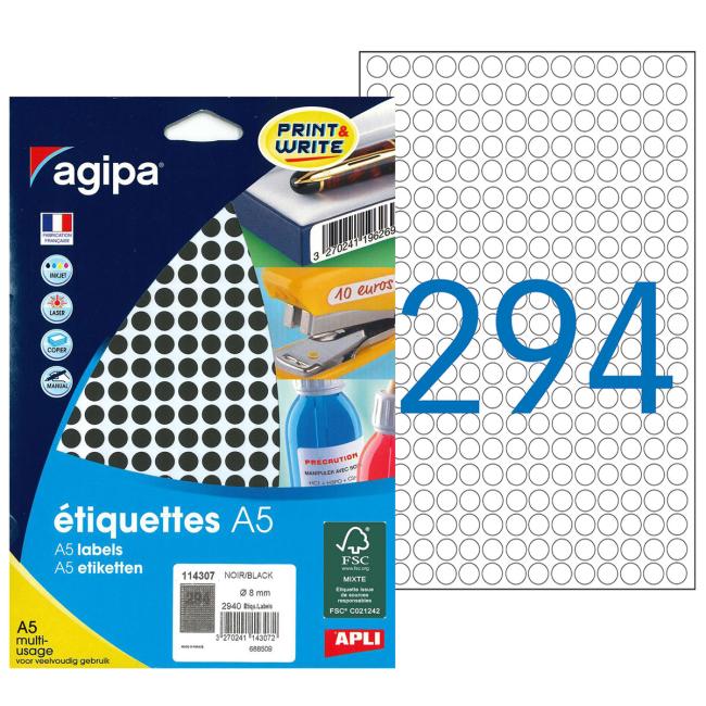 [AG114307] Round labels 8mm Agipa A5 black