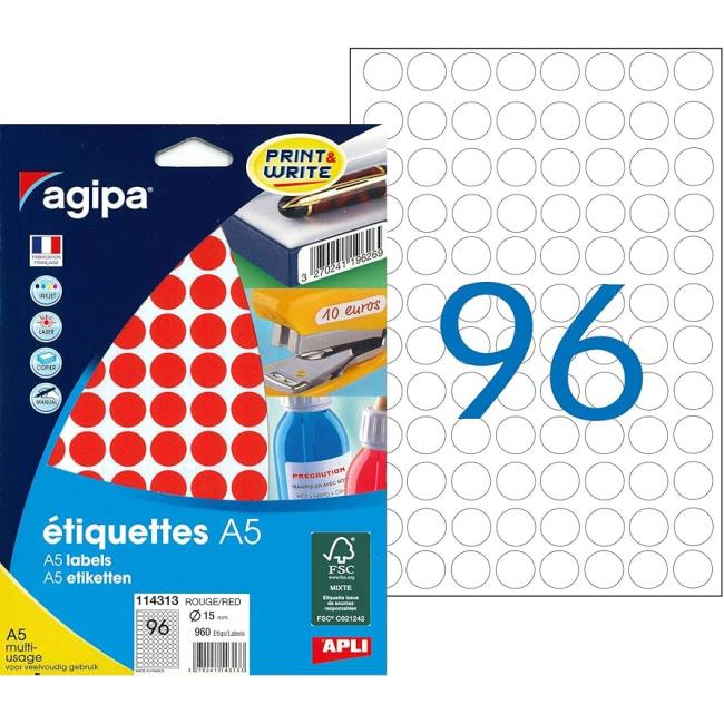 [AG114313] Etikety kruhové 15mm Agipa A5 červené