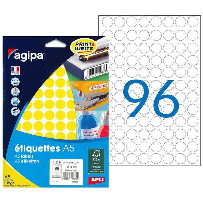 Okrúhle etikety 15mm Agipa A5 žlté
