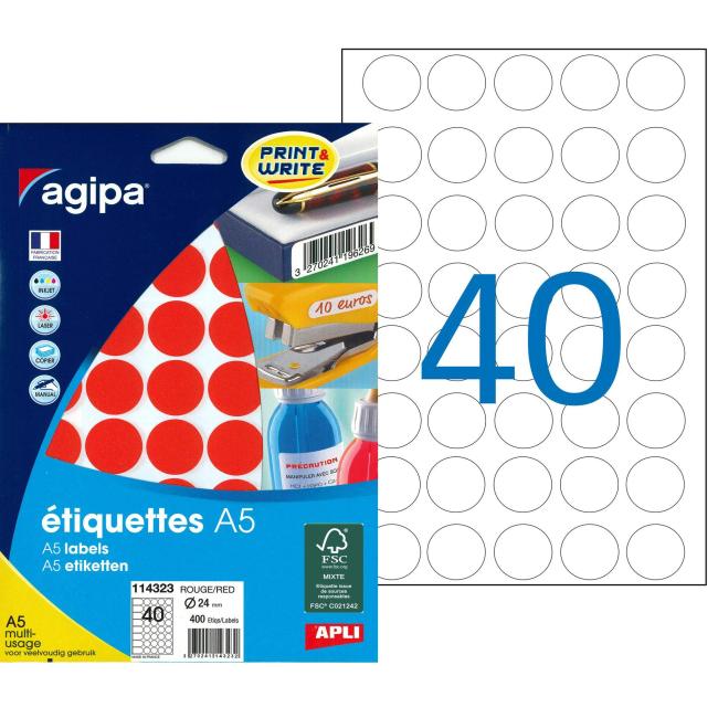 [AG114323] Round labels 24mm Agipa A5 red
