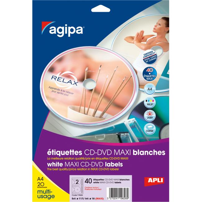 Etikety univerzálne na CD/DVD priemer 117,5 -17mm Agipa 20 listov
