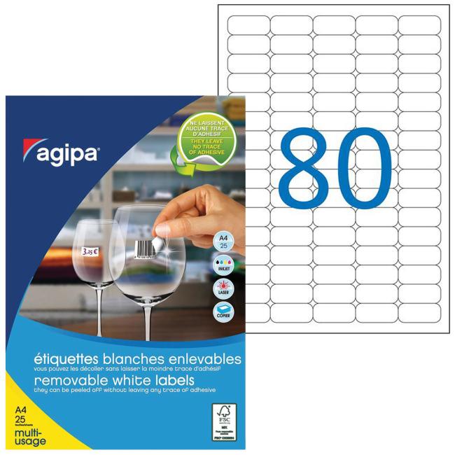 Universal removable labels 35.6x16.9mm Agipa A4 25 sheets