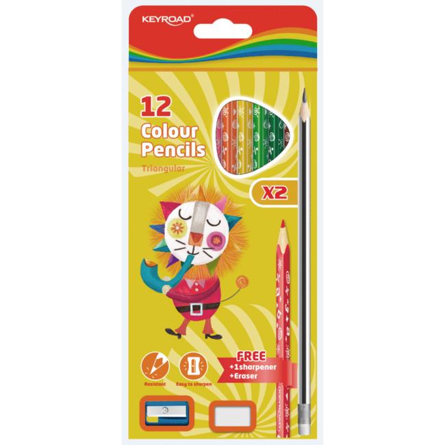 KEYROAD pastelky s gumou a škrabkou, 12 farieb