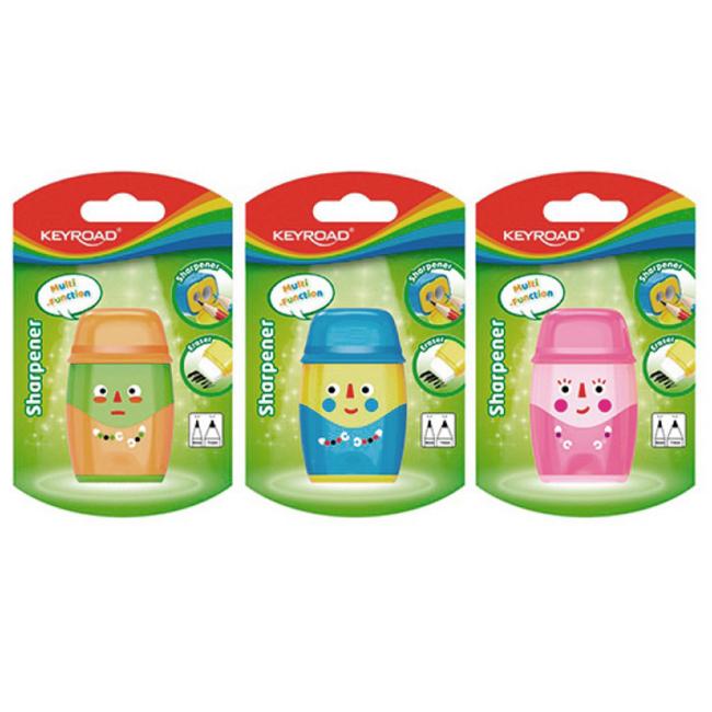 KEYROAD Hello plastové strúhadlo s dvoma otvormi a gumou, blister, mix farieb