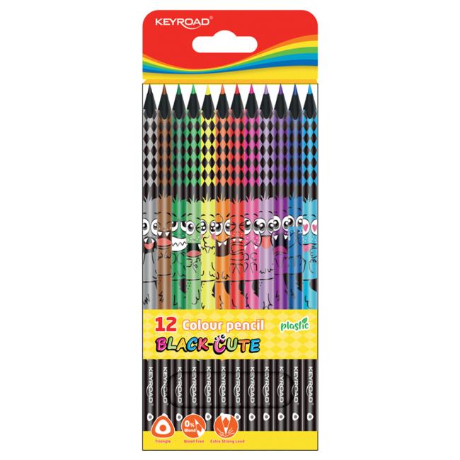 [EC972515] Farebné ceruzky trojuholníkové elastické KEYROAD čierne drevo, sada 12 ks