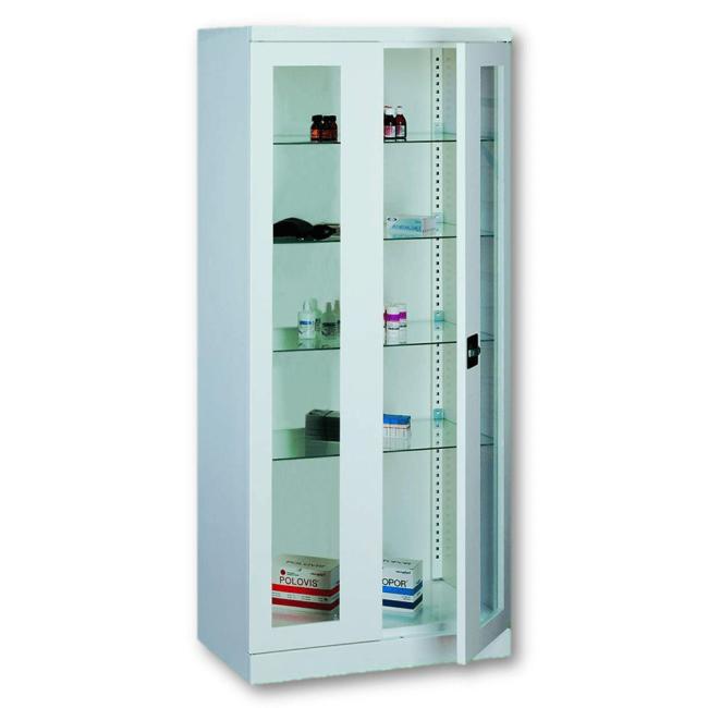 Hospital medicine cabinet, glass door, lockable, h.180 x w.80 x d.43.5cm, RAL9010 white