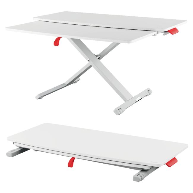 Leitz Cozy Ergo desk converter for standing work with a pull-out keyboard compartment, gray