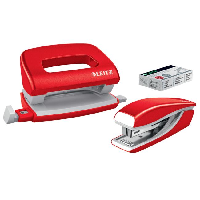 Stapler and hole punch set Leitz WOW mini red